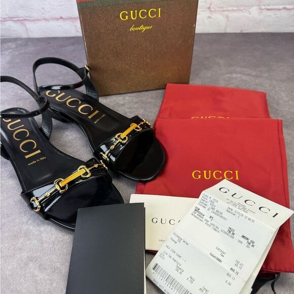 Gucci NIB Horsebit Black Patent Sandals Flats 38.5 - Picture 11 of 12
